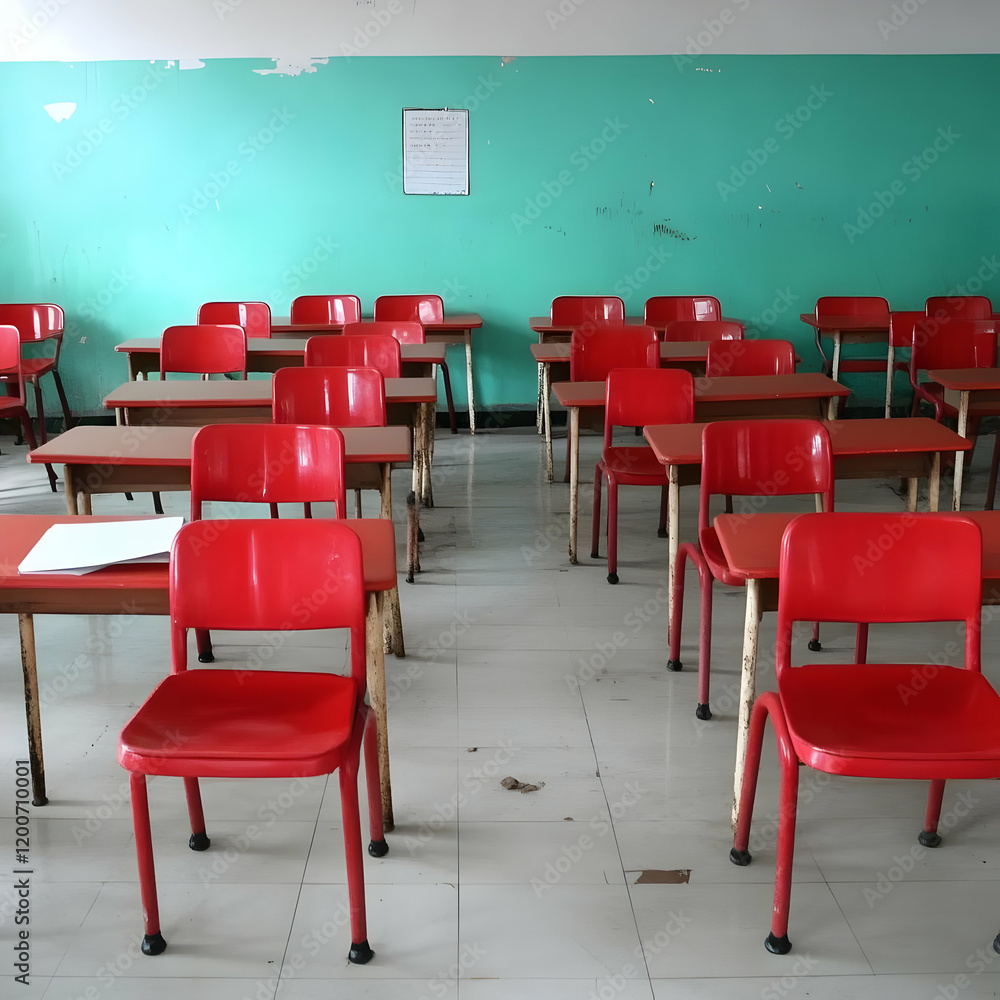 Poster empty classroom shows red chairs and desks neatly arranged in rows, ready for students.