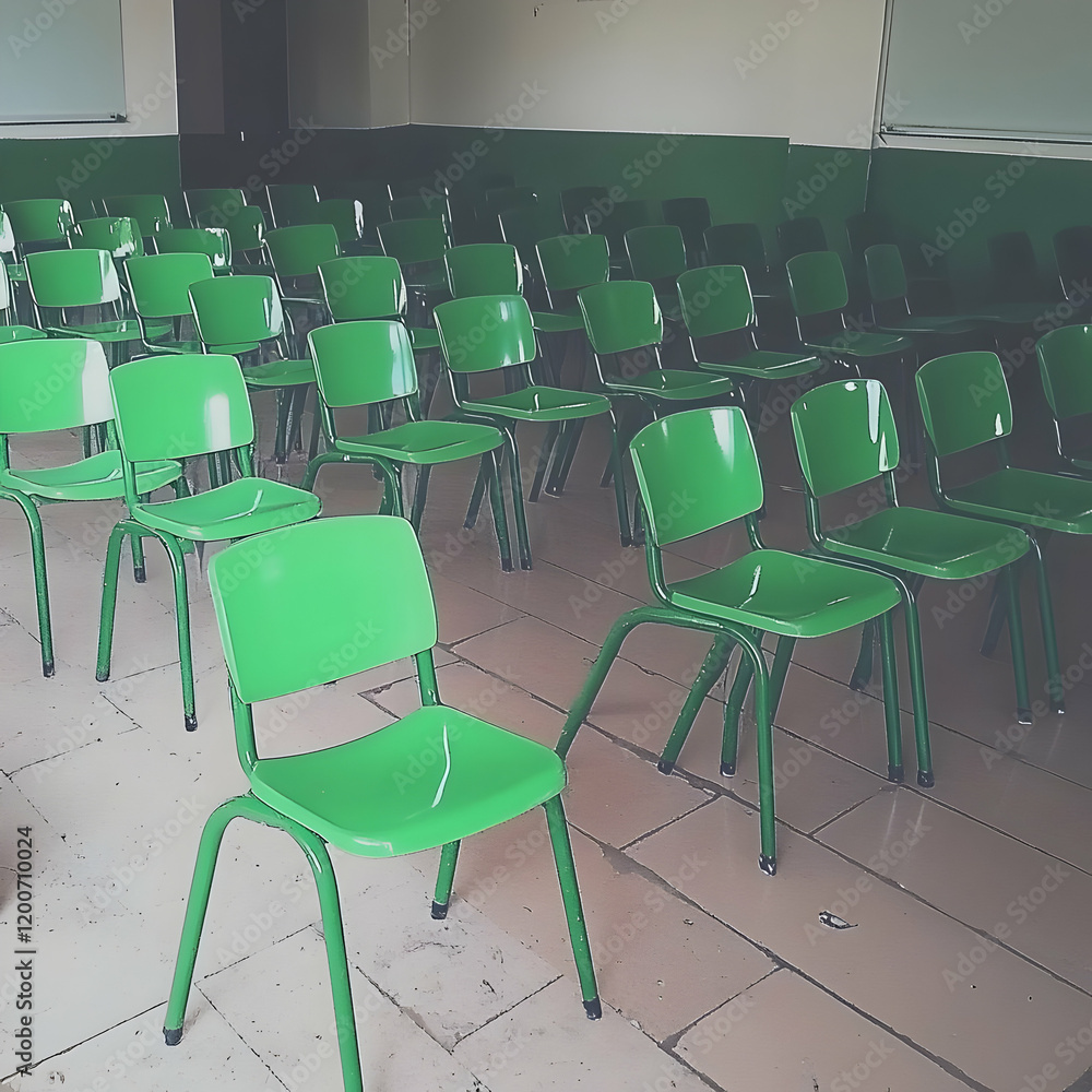Poster empty green chairs stand in rows in a classroom with tiled floor and green walls