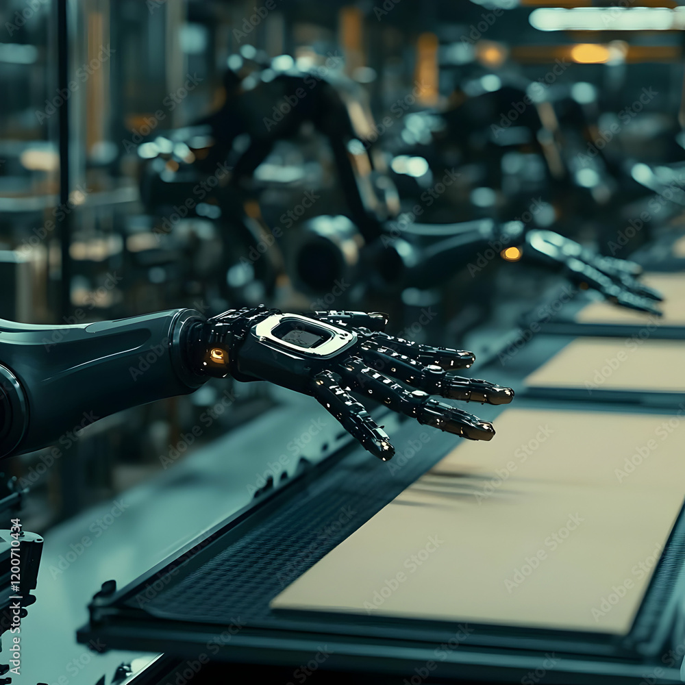 Poster robotic arm reaches for object on conveyor belt in factory setting