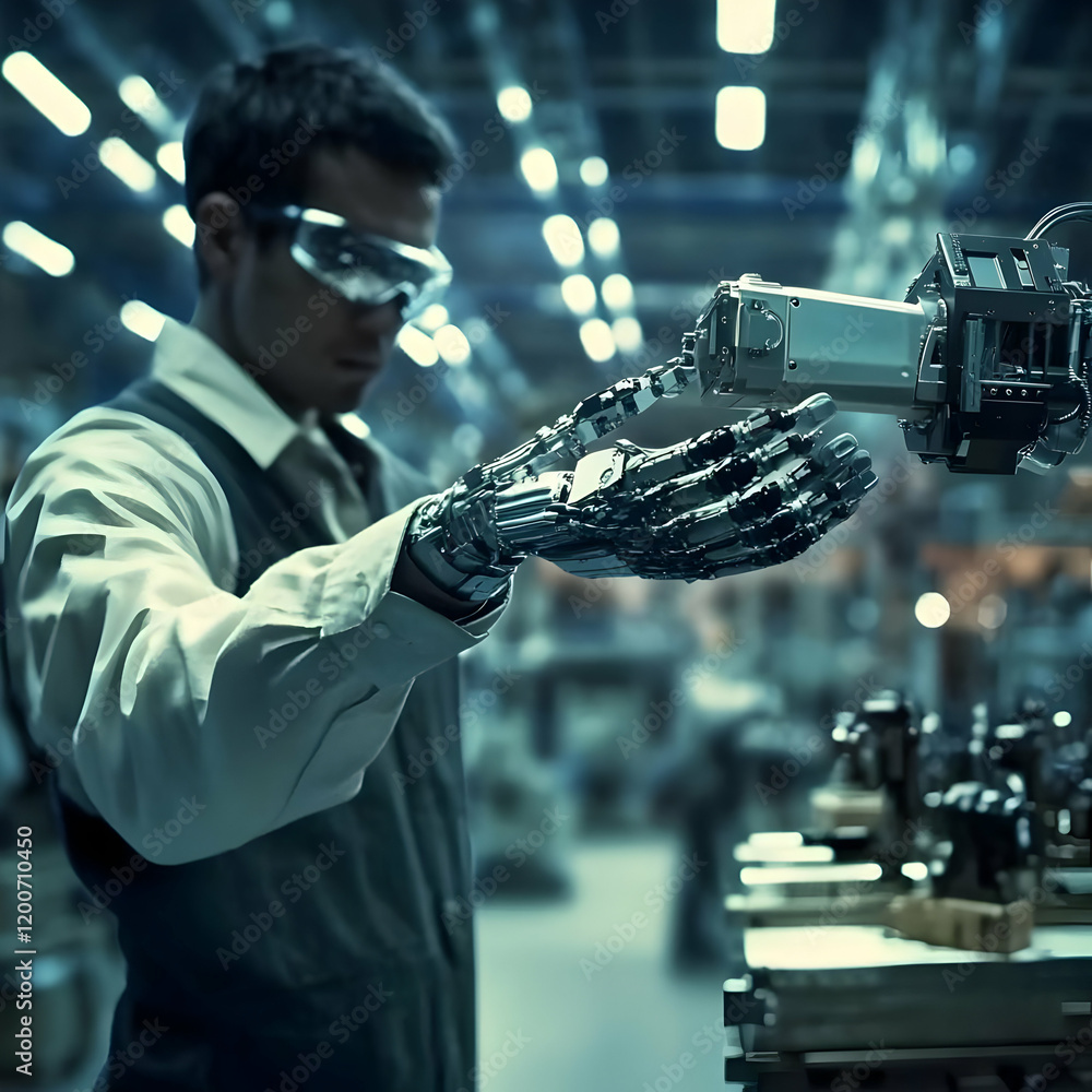 Poster engineer interacts with advanced robotic arm in futuristic factory setting