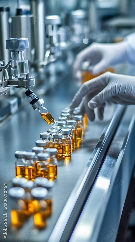 Poster automated machine fills vials with liquid in pharmaceutical lab setting efficiently.