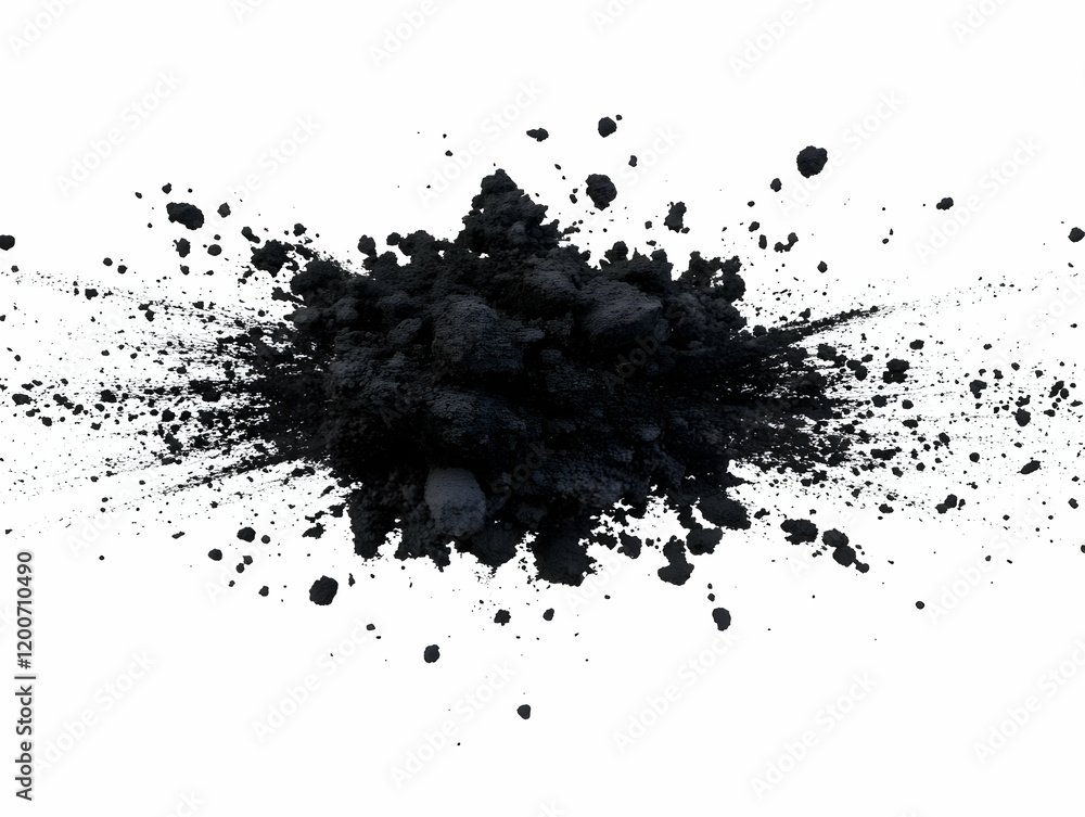 Aufkleber black powder explodes and spreads across a white background dynamically