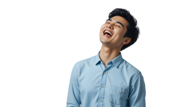 Joyful young Asian man laughing heartily.