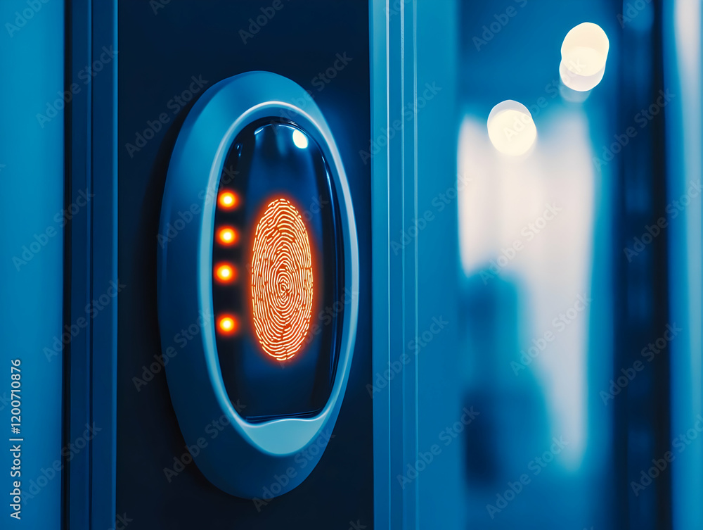 Poster fingerprint scanner shines brightly on a blue wall, illuminating a fingerprint for secure access and