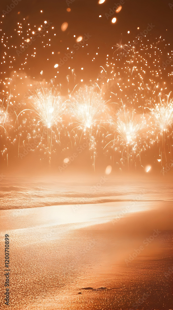 Poster fireworks explode over a golden beach creating a festive atmosphere