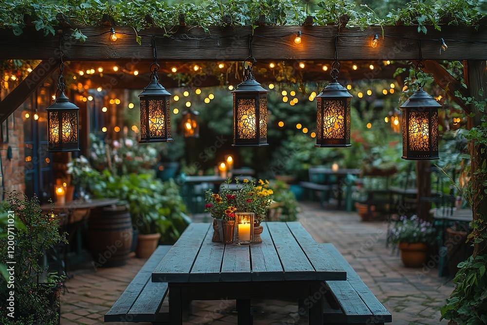 Poster romantic outdoor dining setting with string lights and lanterns creating a warm, inviting ambiance.