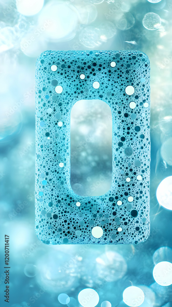 Poster blue sponge with bubbles forms the number zero against a sparkling bokeh background