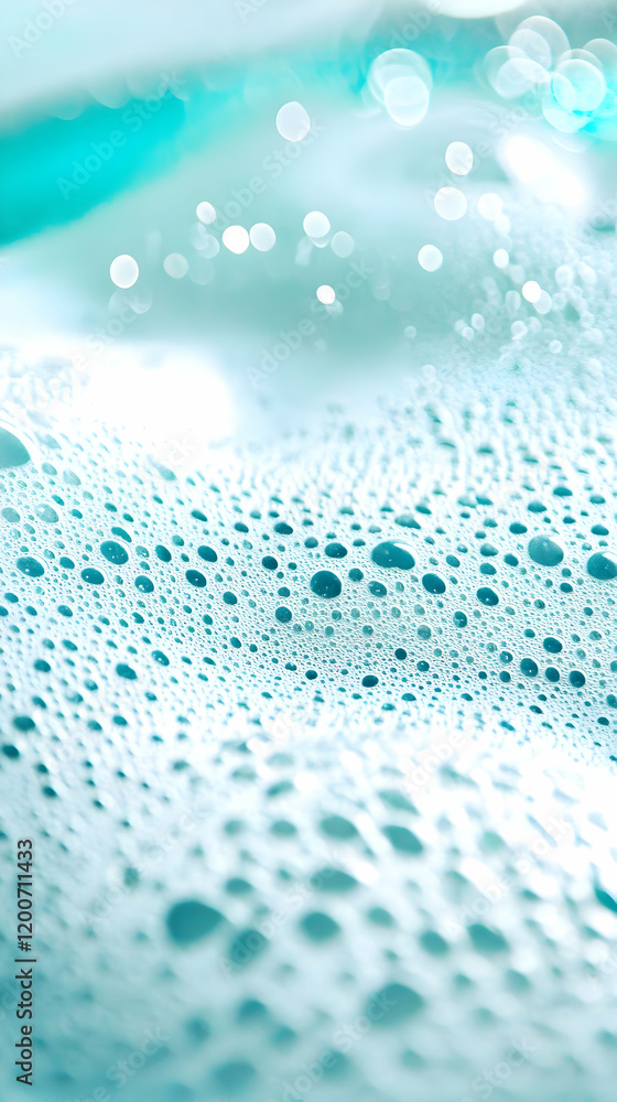 Poster close-up of turquoise foam bubbles creates a textured and abstract background with soft bokeh