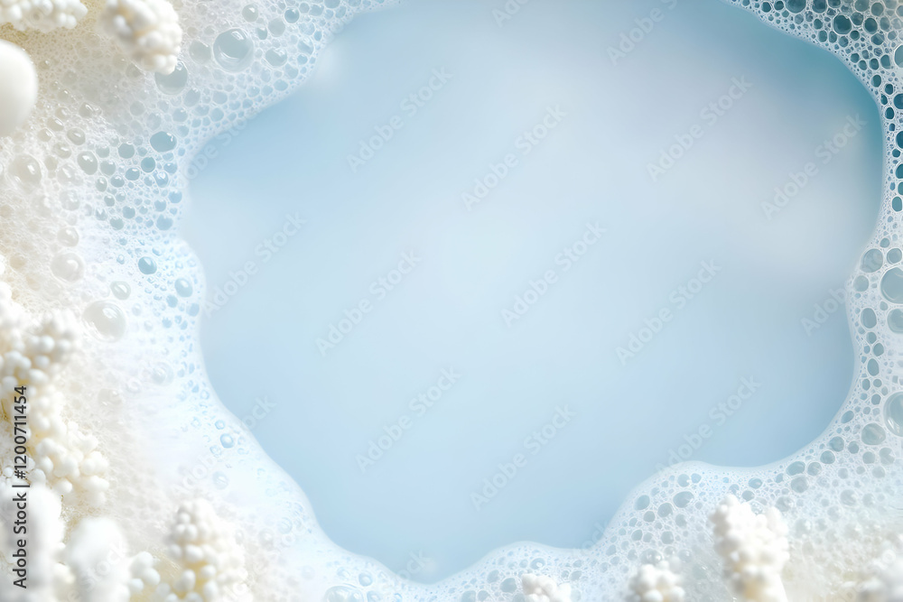 Poster white foam creates a frame around a soft blue background with decorative elements
