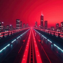 Fototapeta premium Metallic Red Background with Futuristic Cityscape, futuristic, night sky