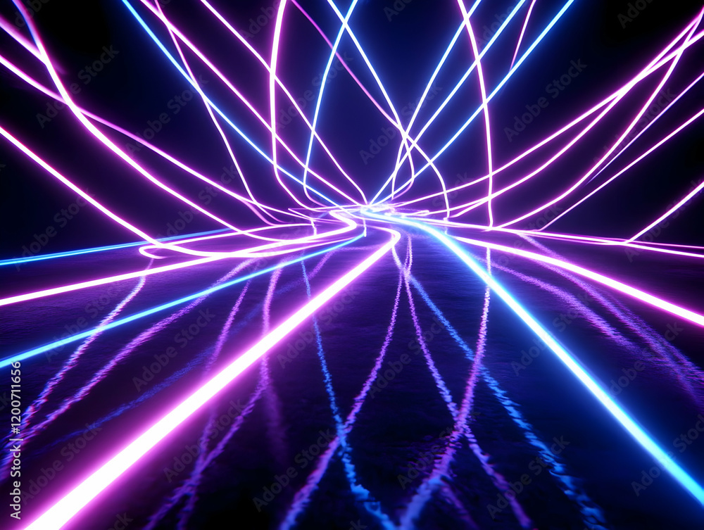 Poster neon lights trails converge and curve dynamically across a dark surface