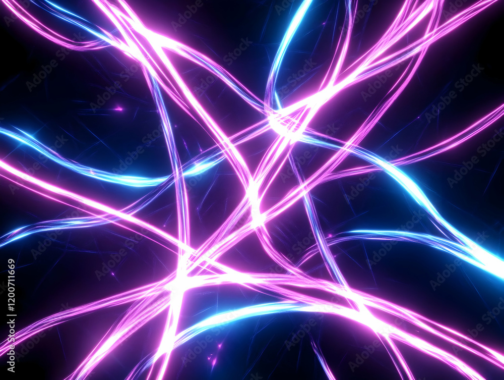 Poster abstract background with intertwined pink and blue light trails dynamically on dark backdrop