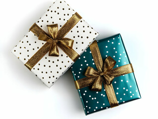 Two Gift Boxes Wrapped in Polka Dot Paper with Gold Ribbon on a White Background