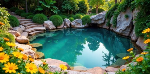 Natural thermal pool surrounded by lush greenery and vibrant wildflowers, organic, thermal spring