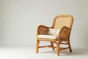 Obraz premium Natural bamboo armchair with rattan weave details and wicker texture, armchair, furniture