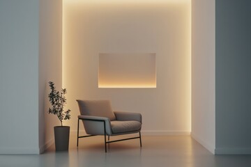 Simple lounge with clean design, soft lighting, and a cozy, inviting armchair.
