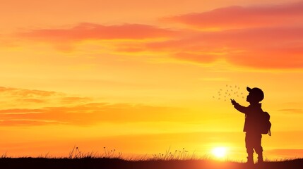 Fototapeta premium Child Silhouetted Against Sunset, Making a Wish