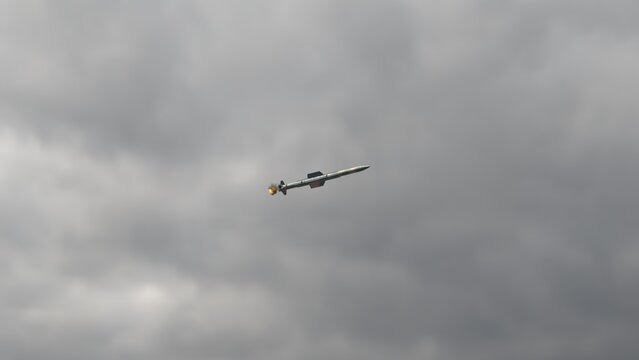 Missile flying in sky. Cruise missile fly. - Powered by Adobe