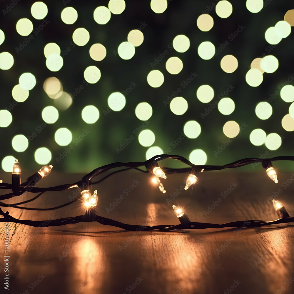 Poster string of lights twinkling on a wooden table with a bokeh background