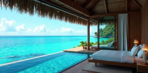 Overwater bungalow with glass floor panel for gazing at marine life, bungalow, ocean life