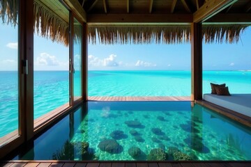 Fototapeta premium Overwater bungalow with glass floor panel revealing marine life below, marine life, tropical island