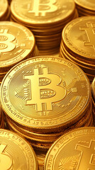 Golden Cryptocurrency Coins Stacked: A Close-Up View of Digital Finance Assets
