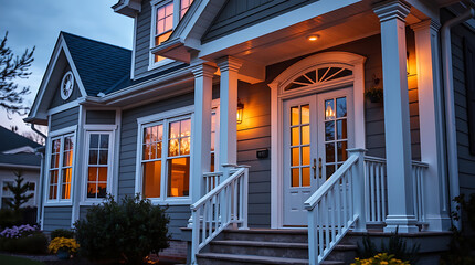 Dream House Exterior at Night: Modern Gray House with Warm Lighting, Inviting Porch, and Elegant Design