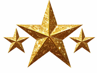Fototapeta premium Three Glittering Gold Stars Shine Brightly Against a White Background