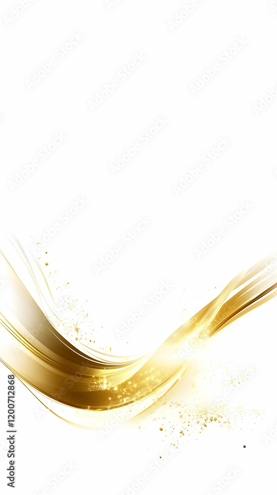 Poster abstract golden waves flow elegantly across a white background with sparkling particles.