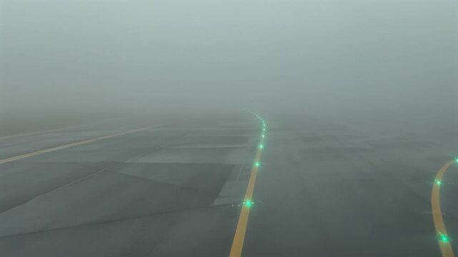 A real time taxi in dense fog conditions through the pilot&rsquo;s eyes, recorded from a jet cockpit while taxiing along a taxyway entering into the runway for takeoff. 4K