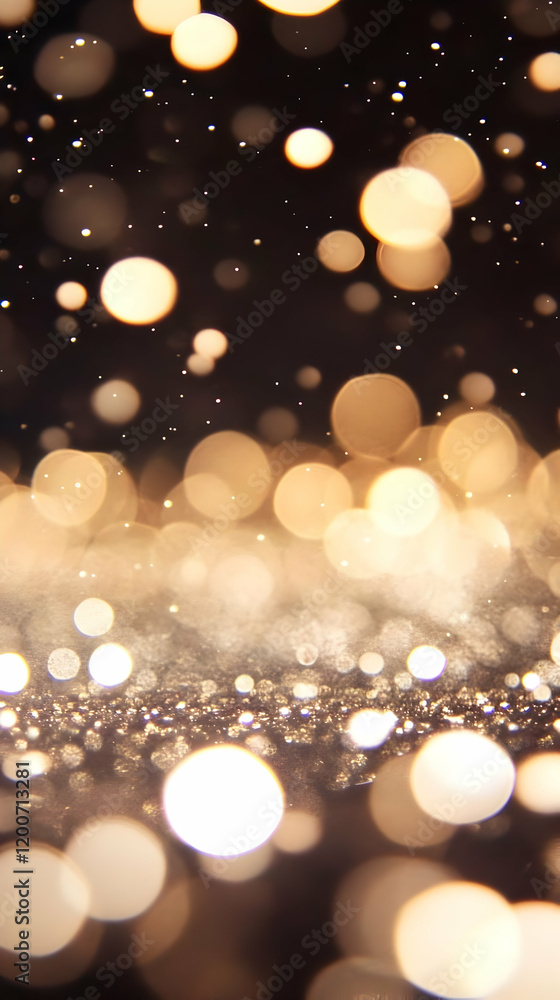 Poster abstract background with golden bokeh lights and sparkling glitter texture for a festive touch.