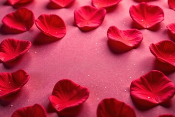 Fototapeta premium Red Rose petals scattered on a soft velvet surface, landscape, nature
