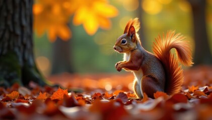 Obraz premium Red squirrel in autumn forest amidst vibrant foliage, autumn leaves, forest floor