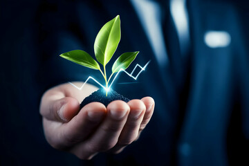 Businessman Holding a Small Plant with Glowing Growth Chart Symbolizing Investment Growth