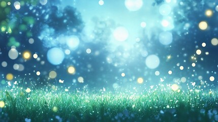 Fototapeta premium Enchanted Meadow at Twilight: Glowing fireflies dance in a mystical twilight meadow, creating an ethereal and magical atmosphere. The soft blue light illuminates the lush grass.