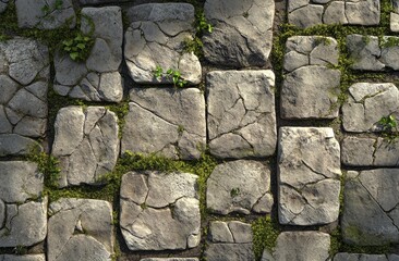 Weathered stone pavement texture with moss.