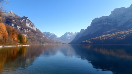 Fototapeta premium Calm Alpine Lake Reflecting Autumn Mountains