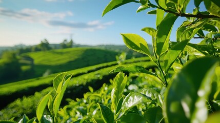 Obraz premium Lush Green Tea Plantation under a Sunny Sky Vibrant Leaves and Rolling Hills Serene Nature Scene