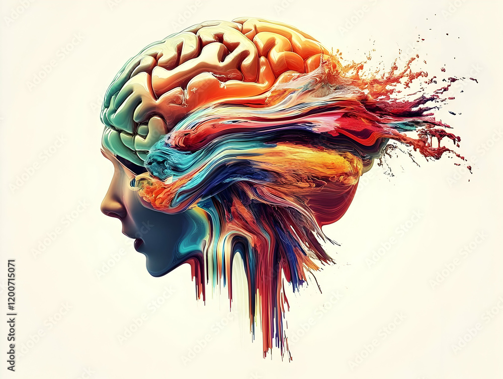 Poster 3d abstract brain illustration explodes with vibrant colors and dynamic paint strokes on white backg