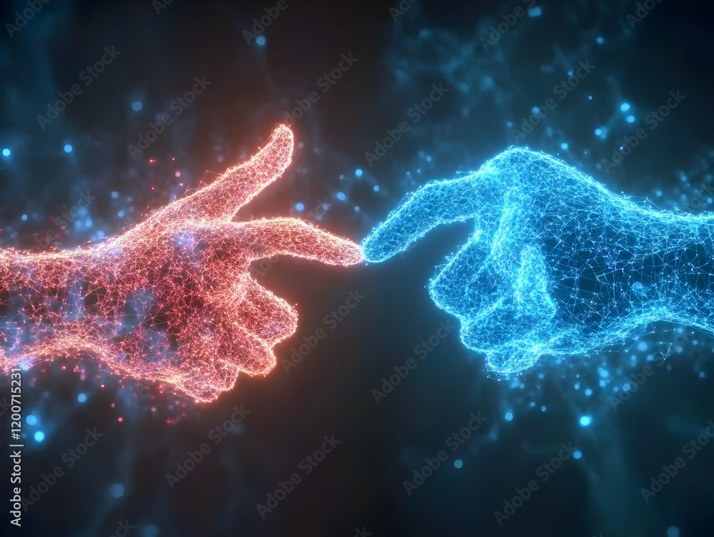 Aufkleber two glowing hands touching fingers, symbolizing connection and energy exchange with plexus effect