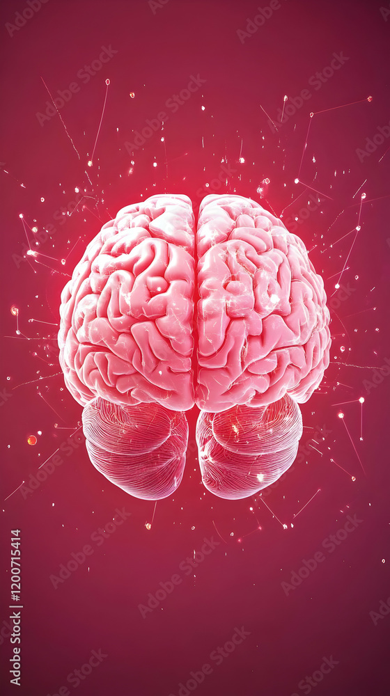 Poster 3d pink brain illustration shows neural network activity with sparkling particles on red background