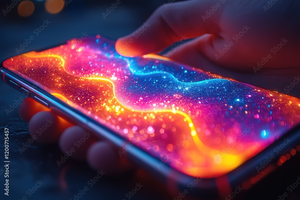 Poster vibrant abstract display on a smartphone screen, held in a hand. colorful glowing waves create a mes
