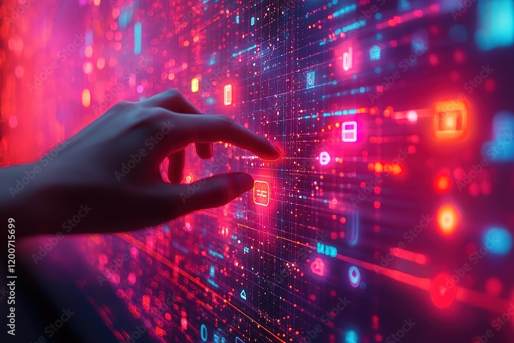 Poster hand interacting with a vibrant digital interface, showcasing futuristic technology and data streams