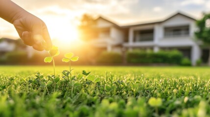 Child's Hand Gently Touches Clover Shoots Near House