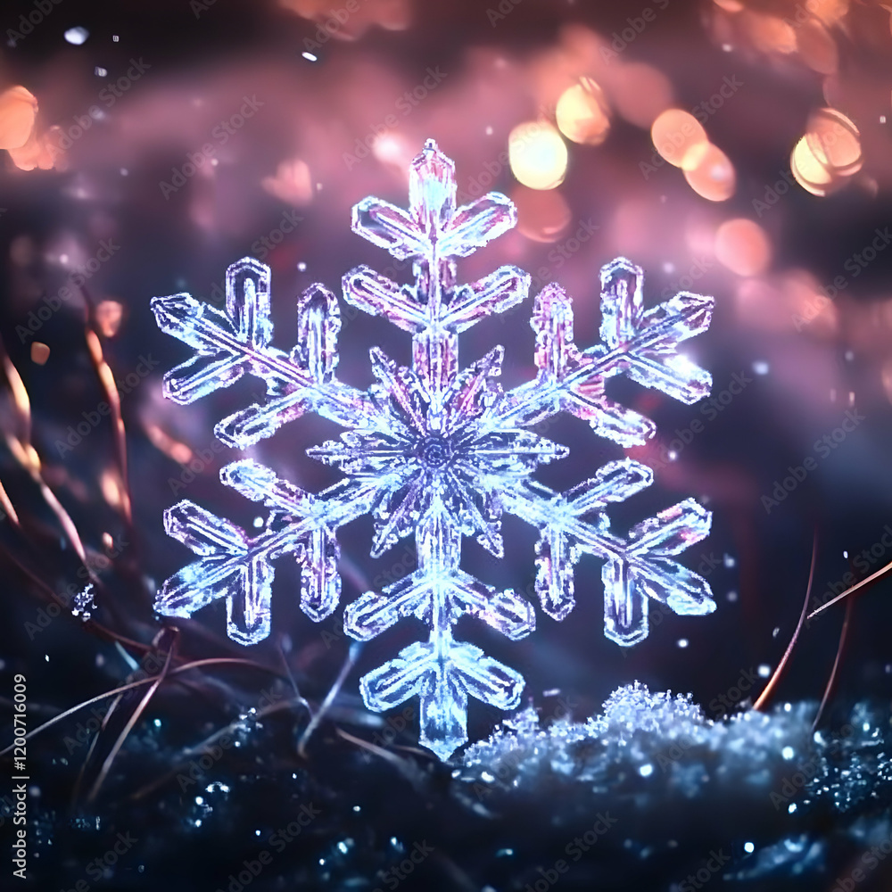 Poster glowing snowflake illuminates a wintry scene with soft, dreamy bokeh background