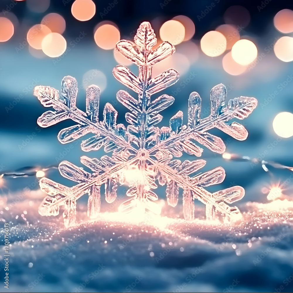 Poster a glowing snowflake sparkles beautifully on a snowy surface with twinkling lights in the background