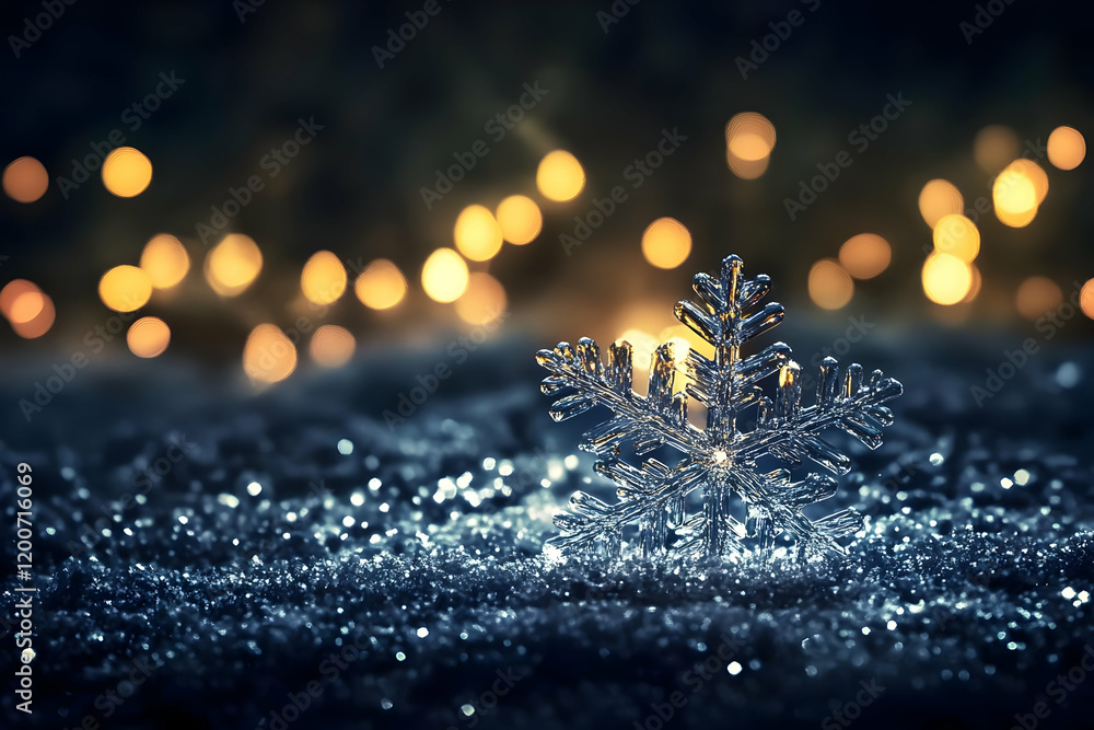 Aufkleber crystal snowflake glows on sparkling snow with warm bokeh lights in the background beautifully