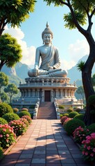 Serene temple grounds surrounding a majestic Buddha statue, temple, statue