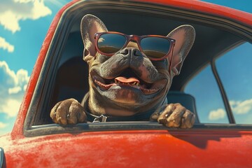 A French Bulldog wearing sunglasses and driving in the back seat of a red car, with a happy expression