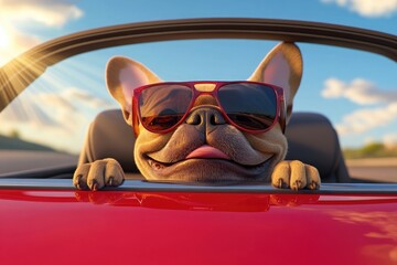 A French Bulldog wearing sunglasses and driving in the back seat of a red car, with a happy expression